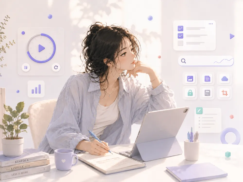 A person at a peaceful workspace, with a timer and small tool panels nearby.