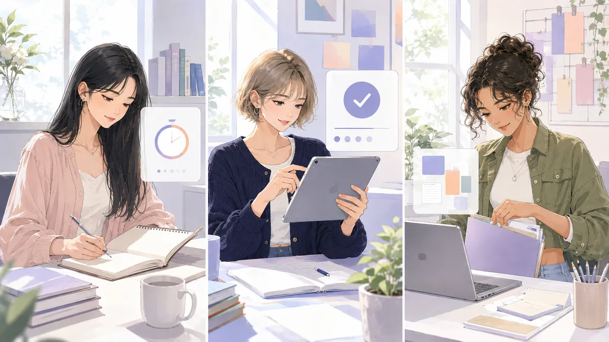 Illustrated everyday moments of focusing, checking progress, and handling practical tasks.