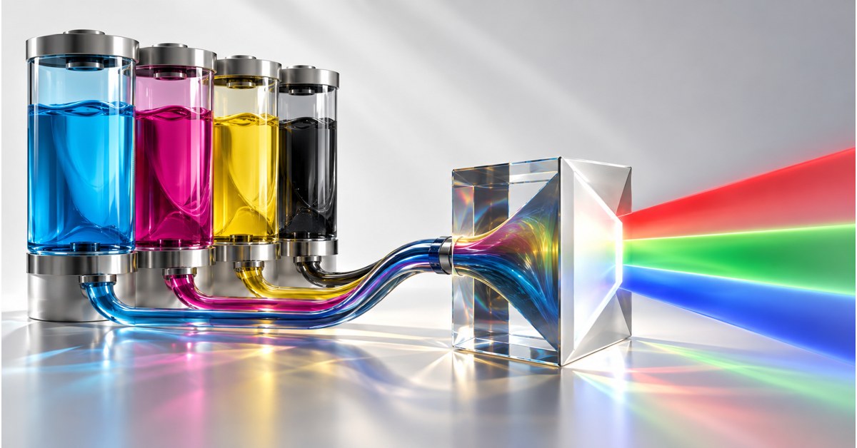 Cyan, magenta, yellow and black glass cylinders feeding a prism with RGB light.