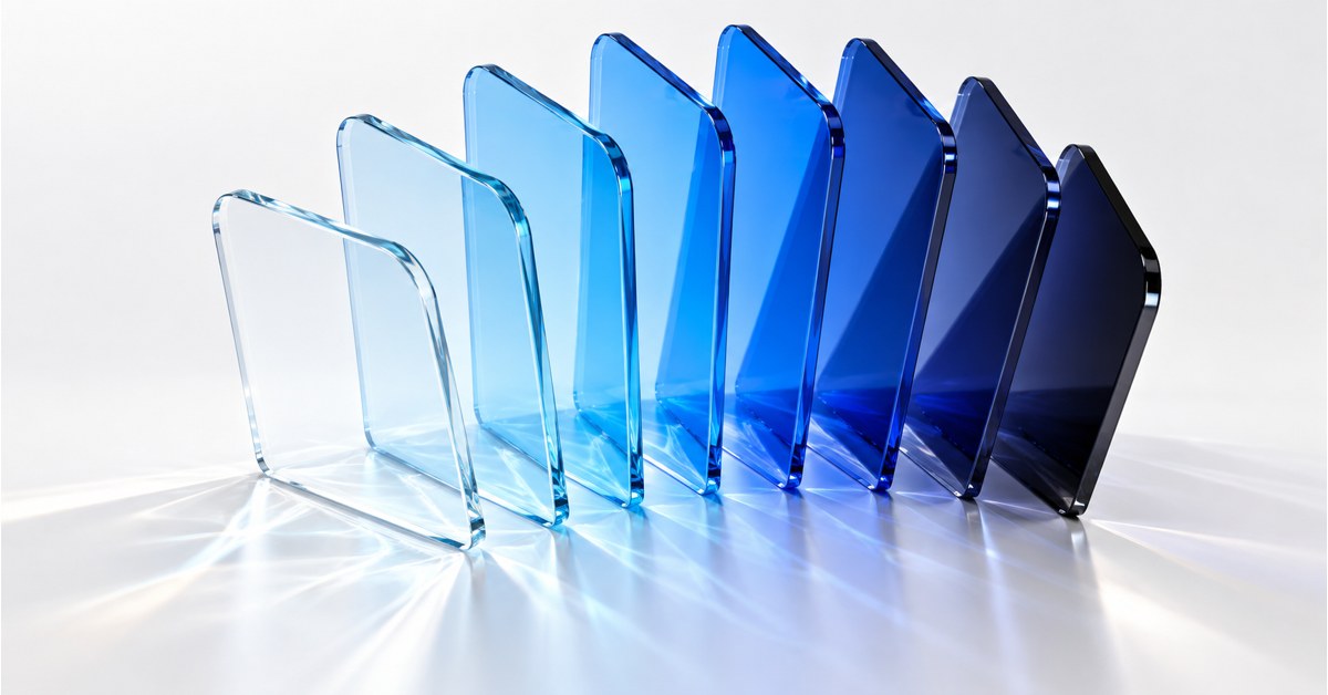 A sequence of glass fins from pale blue to deep navy.