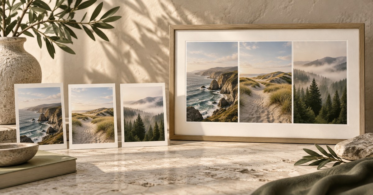 Three landscape photographs combined into a framed triptych.