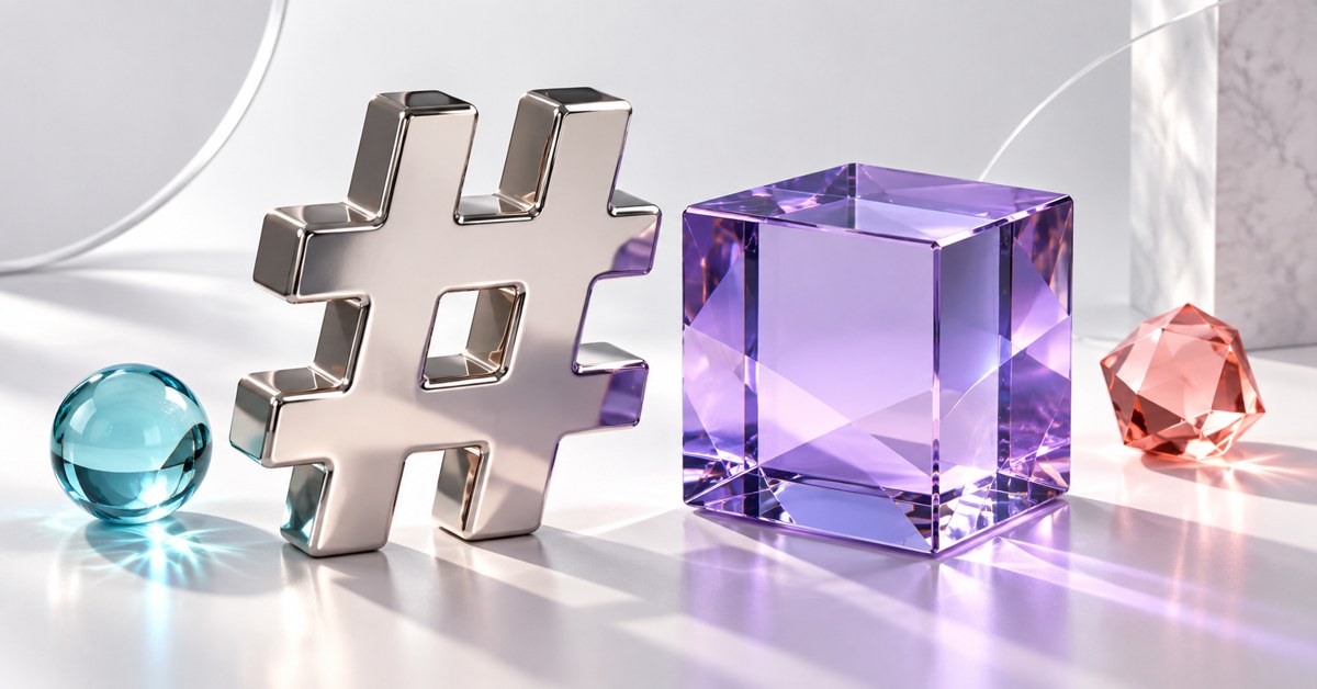 A silver hash symbol beside a violet glass cube and colored gems.