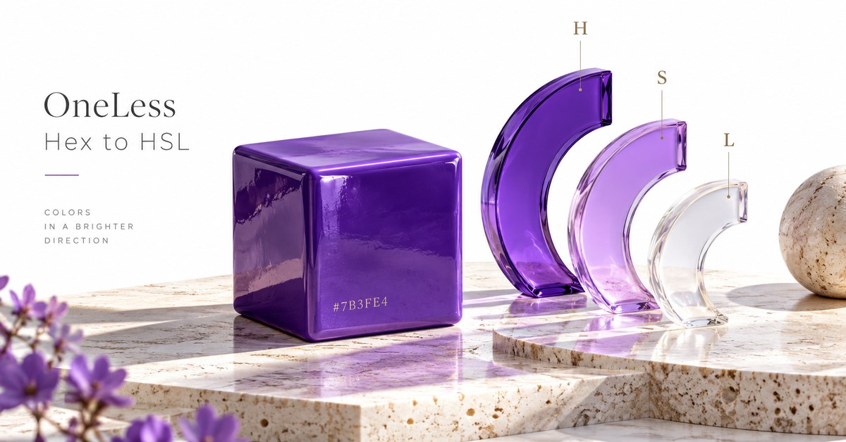 A violet cube beside glass hue, saturation and lightness arcs.