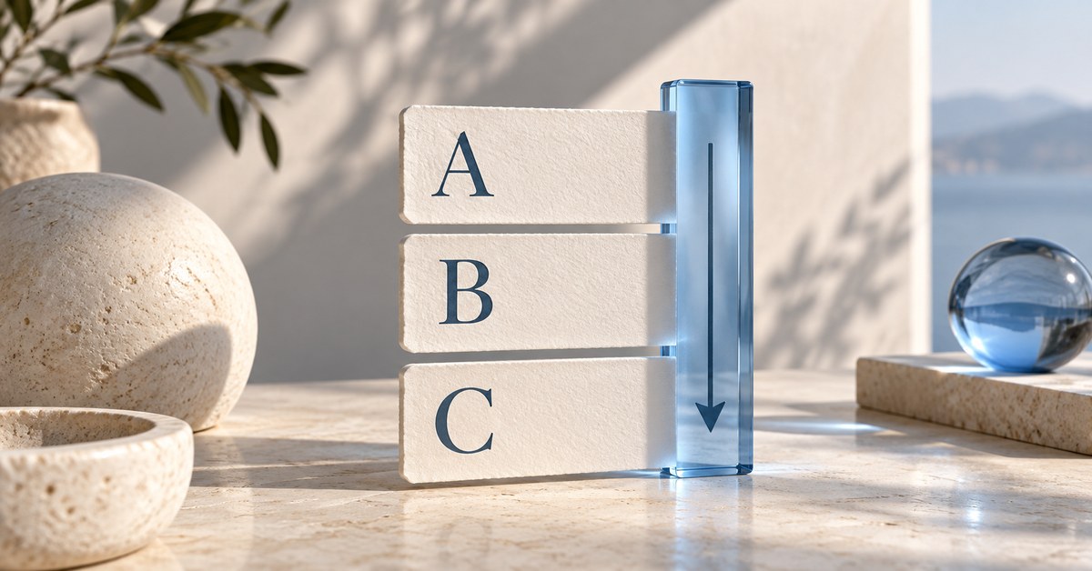 Paper strips labeled A, B and C ordered along a blue glass rail.