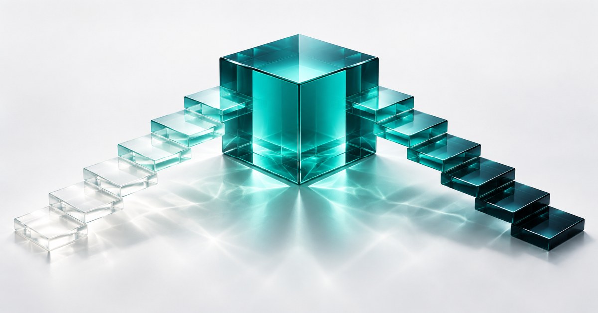 Teal glass steps fading toward white and deepening toward black.