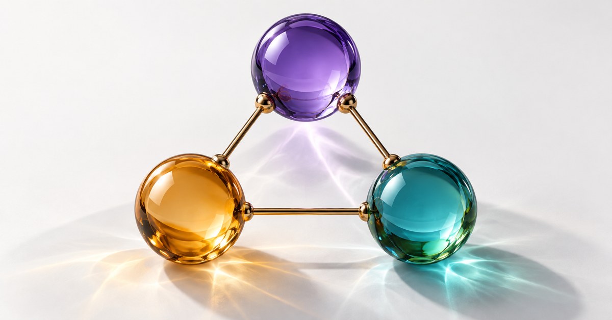 Violet, amber and teal spheres arranged as a triangle.